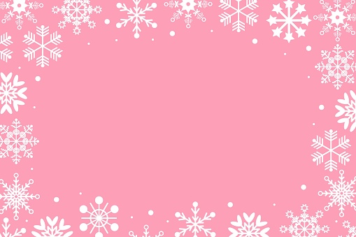 Pink background with white snowflakes. Festive Xmas design. Pinkmas. Empty space for your text. Template for cards, banner, poster.