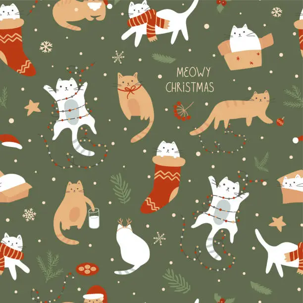 Vector illustration of Christmas cats seamless pattern. Vector funny pets on the winter holiday at home