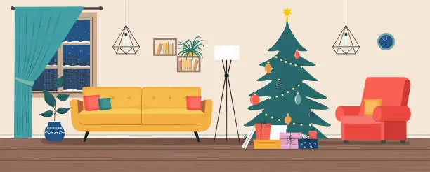 Vector illustration of Living room Christmas interior. Comfortable sofa, Christmas tree,  window, chair and house plants. Vector flat illustration