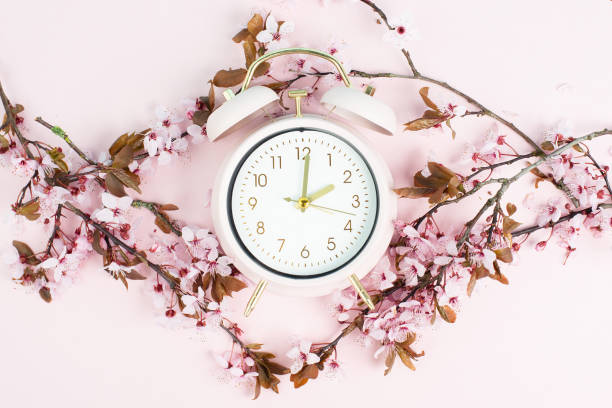 istock Alarm clock with cherry blossoms, switch to daylight saving time in spring, summer time changeover 1794863225