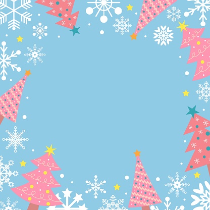 Pastel blue background with white snowflakes, pink Christmas trees and stars. Festive Xmas design. Empty space for your text. Template for cards, banner, poster.