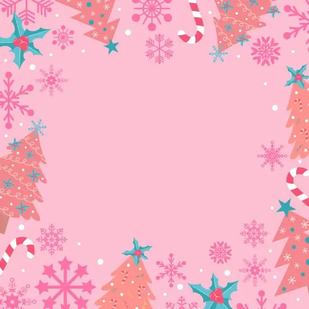 Vector illustration of Pastel pink background with snowflakes, Christmas trees, holly berries and candy cane. Festive Xmas design. Glamour pinkmas style. Empty space for your text. Template for cards, banner, poster.