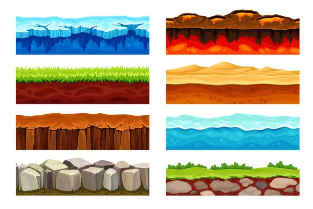 Vector illustration of Cartoon ground layers. Game level surface seamless pattern, floor road rock underground earth lava stone desert sand ice geologie texture slice layer, neoteric vector illustration