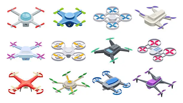 Vector illustration of Isometric quadcopters. Different drones for delivery survey, uav surveillance unmanned helicopter with video camera remote control, house flyin copter, neoteric vector illustration
