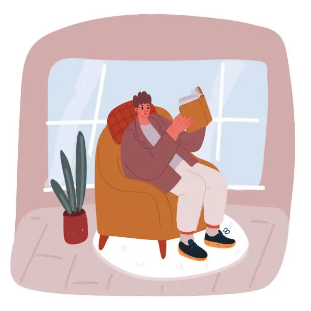 Vector illustration of Vector illustration of Person reading book, sitting in armchair by window in living room. Man in chair at home with literature. Businessman reader.