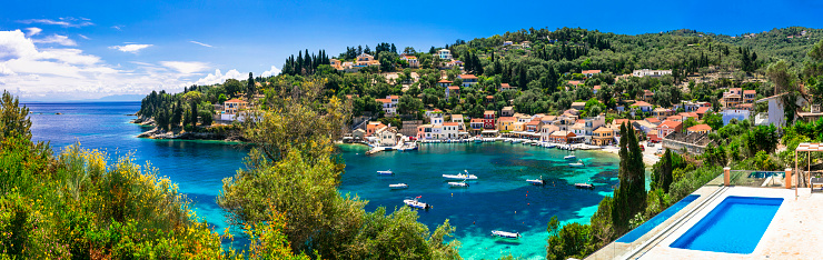 beautiful  Ionian islands of Greece. Authentic tranquil Paxos island. Scenic traditional Loggos fishing village.