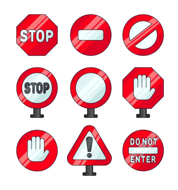 Vector illustration of Stop sign, block, prohibited. Road traffic regulatory warning. Vector drawing. Collection of design elements.