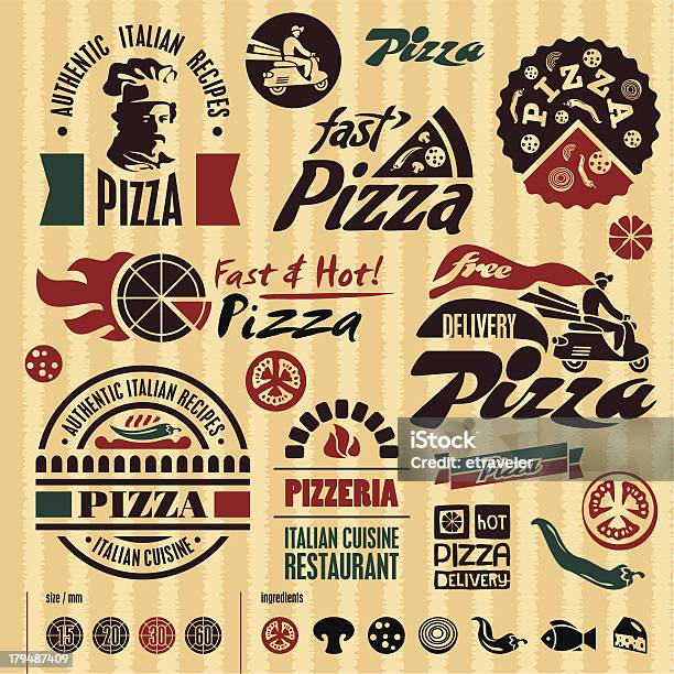 Vetores de Pizza Coleção De Rótulos e mais imagens de Pizza - Pizza, Estilo retrô, Homens