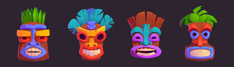 Tiki masks with toothy smile - cartoon vector illustrations set of colorful tribal traditional wooden totems. Images of deities of Hawaiian and Polynesian culture, decorated with leaves and feathers.