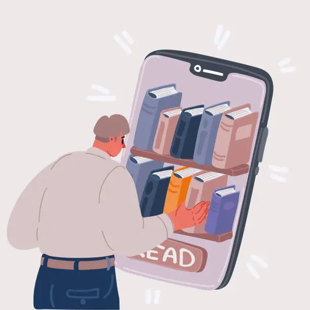 Vector illustration of Vector illustration of Online reading concept. Man standing near phone and choosing book for reading