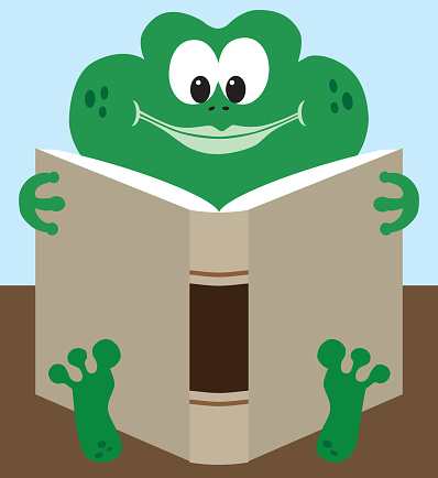 A happy cartoon frog is reading a book
