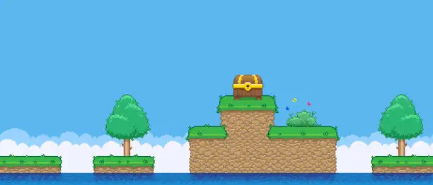 Vector illustration of colorful simple vector pixel art horizontal illustration of cartoon high island with a treasure chest in retro video game platformer level style