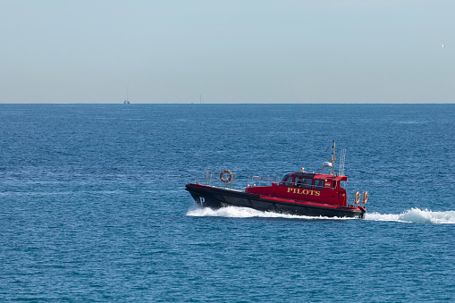 Huelva, Spain - June 4, 2017: Sea rescue boat in the atlantic ocean near Huelva. Andalusia, Spain