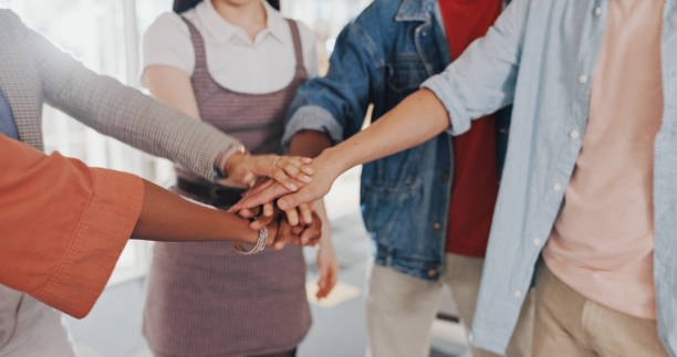istock Stack, teamwork or hands of people in startup for mission goals, collaboration or support. Team building, group or closeup of employees in meeting for solidarity, hope or motivation together 1794895109