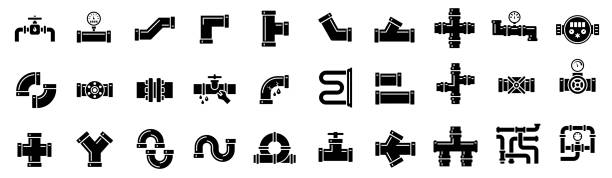 wasser-, öl- oder gasleitung m3 mit armaturen und ventilen. pipeline öffnen, schließen. symbol für rohrverbindungen. - abwasser stock-grafiken, -clipart, -cartoons und -symbole