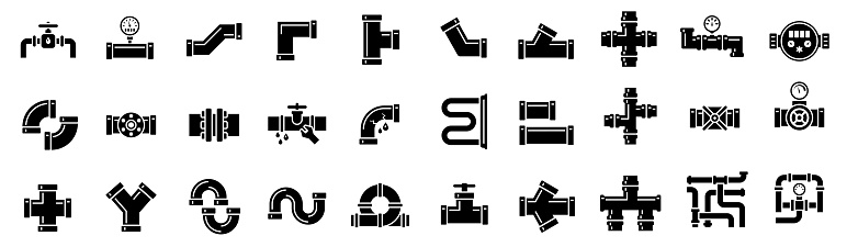 Water, oil or gas M3 pipeline with fittings and valves. Pipeline open, close. Pipe fitting symbol.