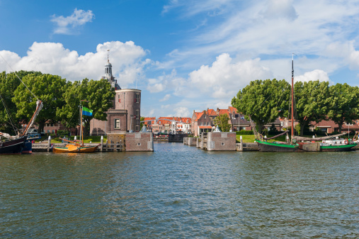 The old fisherman's village of Enkhuizen, the Netherlands, with its fortified harbor entrance.