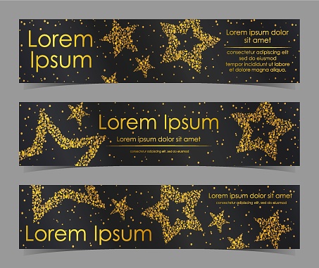 Leaflets with stars of gold confetti, sparkles, glitter and space for text on black background. Vector illustration. Elements for banner, design, logo, card, web, invitation, business, party