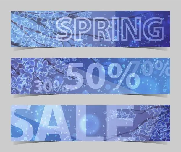 Vector illustration of Discount banners with blooming cherry on blue, indigo gradient and lettering sale, spring. Sakura flowers, petals. Wallpaper, greeting cards for spring sale, holidays, birthday. Vector illustration.