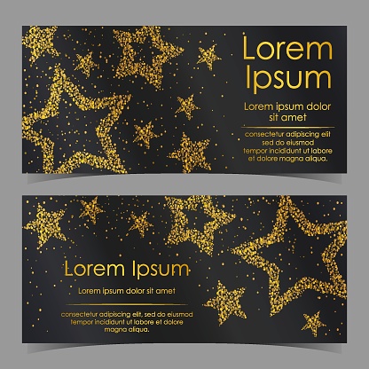 Leaflets with stars of golden confetti, sparkles, glitter and space for text on black background. Vector illustration. Elements for banner, design, logo, card, web, invitation, business, party