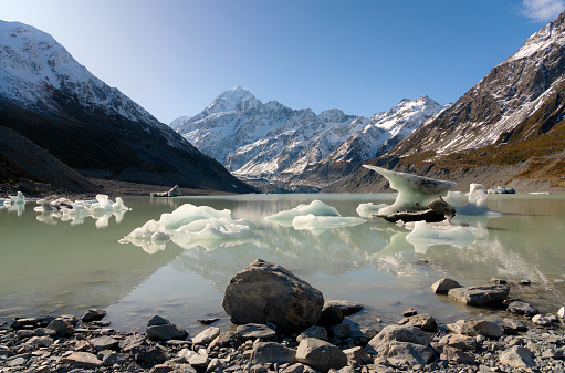 Small icebergs float on the surface of beautiful Hooker Lake, whilst the snow-capped peak of Mt Cook looms majestically in the background.