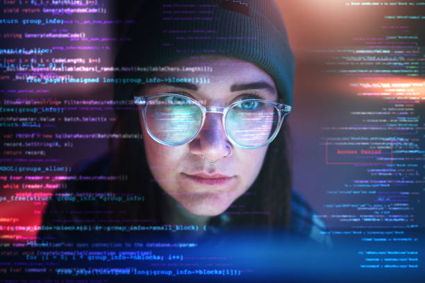 istock Double exposure, code or woman hacker in dark room at night for coding, phishing or cybersecurity. Database, programmer or girl hacking online in digital transformation on ai cloud computing website 1794918035