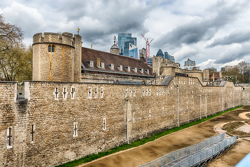 Scenic view of the outer curtain wall of the Tower of London, iconic Royal Palace and Fortress in England, UK