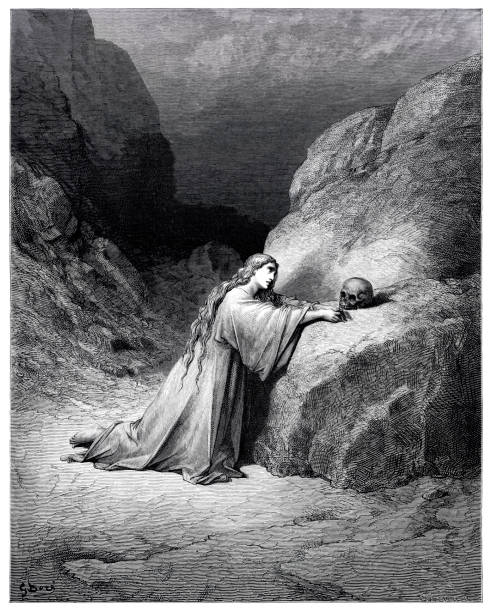 ilustrações, clipart, desenhos animados e ícones de maria madalena com caveira no deserto - 1884