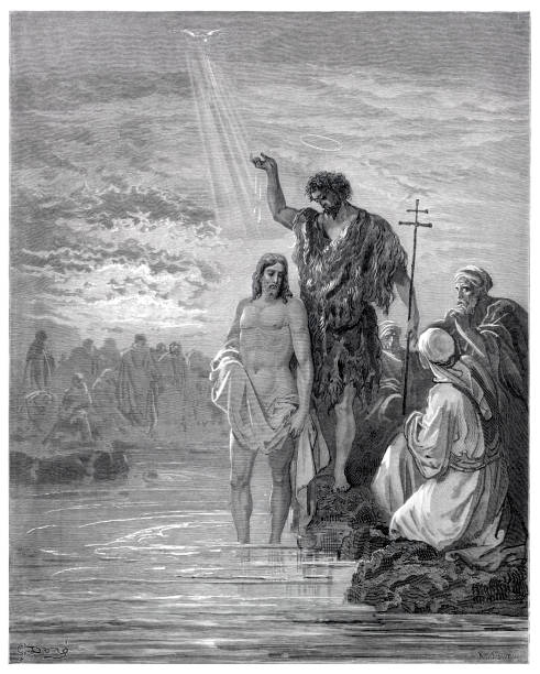 ilustraciones, imágenes clip art, dibujos animados e iconos de stock de bautismo de jesucristo por juan el bautista en el río jordán - 1884