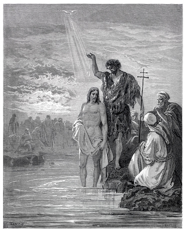 The baptism of Jesus by John the Baptist is a major event in the life of Jesus which is described in the three synoptic Gospels of the New Testament ( Matthew, Mark and Luke ), in which John baptized Jesus with water to fulfill all righteousness ( Matthew 3:15 ).
Original edition from my own archives
Source : Sagrada Biblia 1884