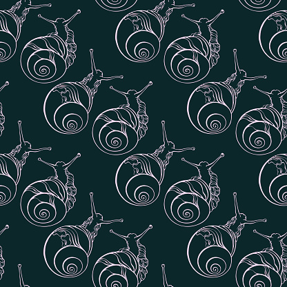 Snails. Seamless pattern with snail. Silhouettes of cute cartoon molluscan. Outline hand-drawn sketch. Light line on a dark gray background. Texture for fabric, wrapping, textile, wallpaper. Vector.