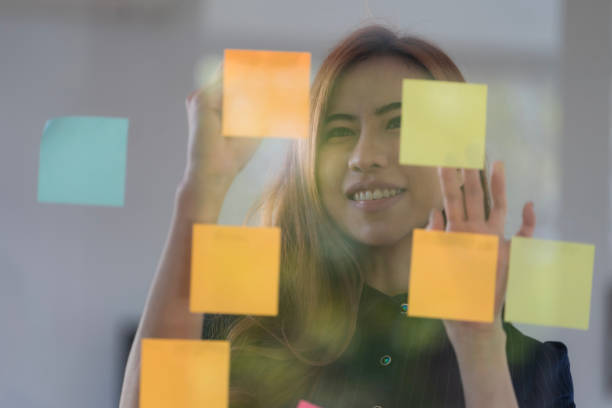 istock Confident businesswoman planning while looking at adhesive notes stuck on a glass wall. 1794931836