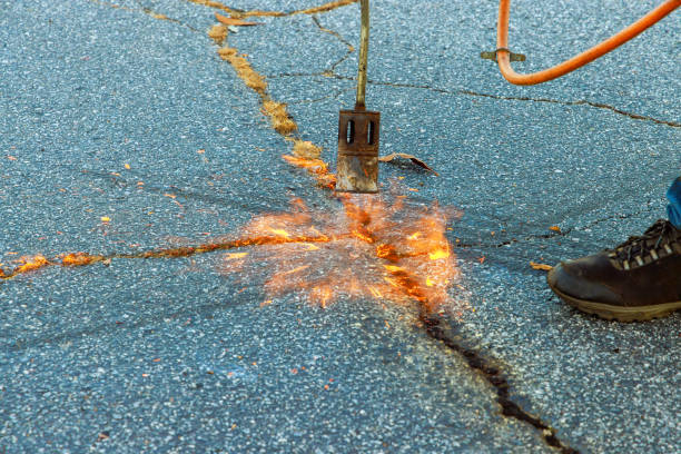 istock Worker burns dry grass in asphalt cracks before coating with bitumen emulsion during road surface 1794934394
