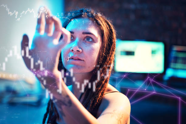 istock Woman hacker, night and hologram overlay for online banking system, crypto graph and data analysis. Trading expert, dark web and cyber crime in computer lab with holographic chart for market study 1794940171