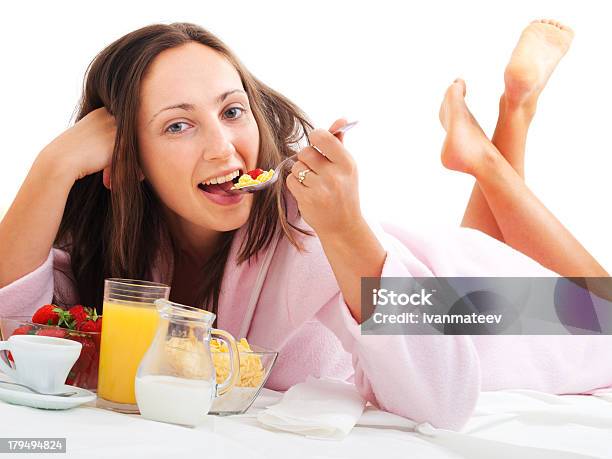 Woman Having Breakfast In Bed Stock Photo - Download Image Now - Adult, Adults Only, Beautiful People