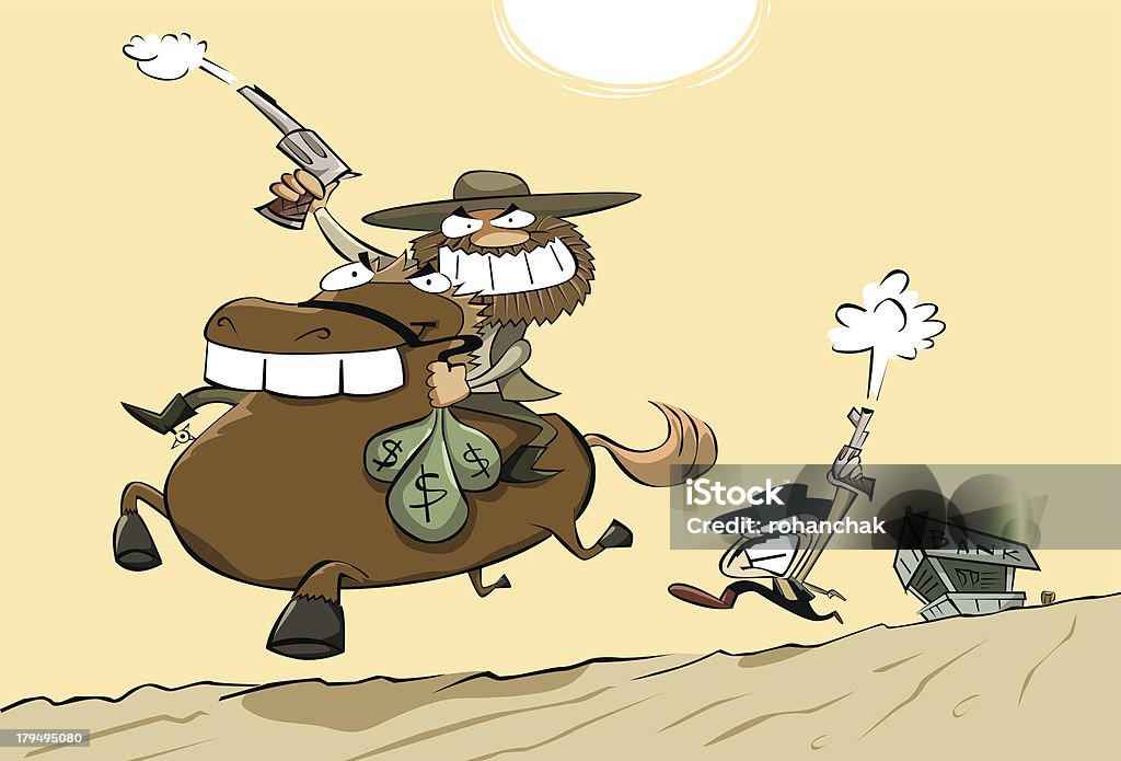 Bank Robbery in the Wild West A vector cartoon illustration of a cowboy on a horse fleeing on robbing a bank, being chased by the sheriff. American Culture stock vector