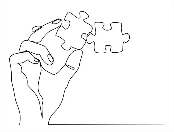 Vector illustration of Continuous one line drawing of hand and puzzle. Business matching - connecting puzzle elements.  Puzzle game symbol and iconic business metaphor for problem solving, solution and strategy.