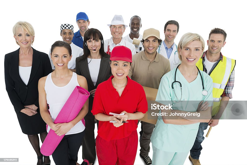 Group of People With Different Occupations Portrait of confident multi-ethnic group with various occupations isolated on white background Construction Worker Stock Photo