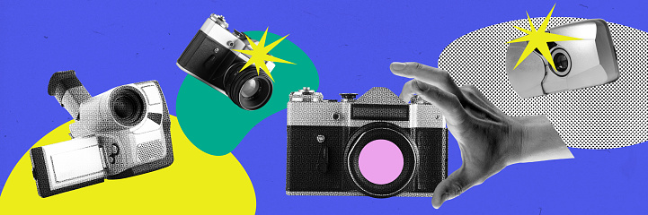 Different photo and video cameras against blue background. Journalism, photography and social media. Contemporary art. Concept of y2k style, retro items, vintage, creativity, imagination, surrealism.