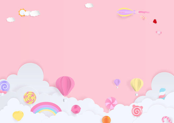 cukierki i papier w chmurze tło artystyczne - heart shape pink background cartoon vector stock illustrations