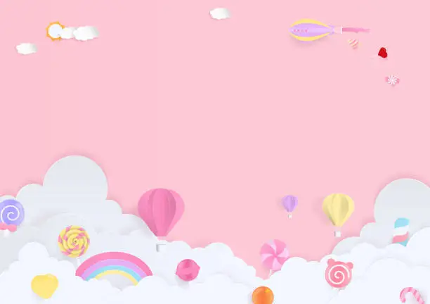 Vector illustration of Candy and cloud paper art background