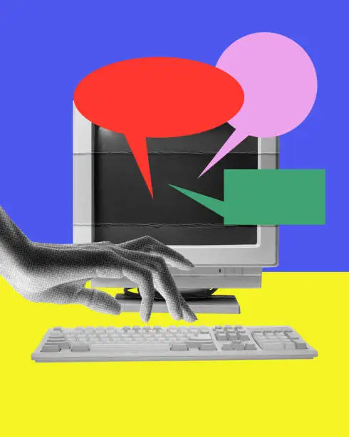 Photo of E-marketing. Human hand typing on computer keyboard, many mails on screen, Business communication. Contemporary art collage. Y2k style