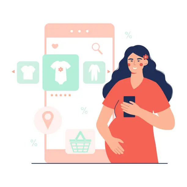 Vector illustration of Pregnant lady holding mobile phone and looking for baby clothes, using smartphone
