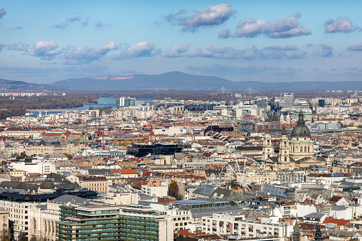 Panoramic view of beautiful city Budapest, Hungary. Ste Stephen Basilica, Budapest eye (Ferris wheel) and downtown
