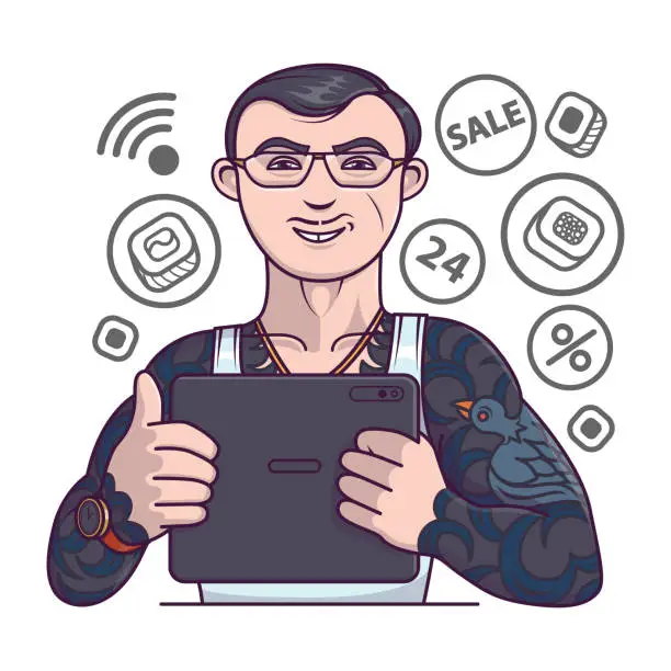 Vector illustration of Yakuza character show application for delivery of rolls and sushi on devices