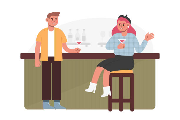para spędza razem czas, rozmawia, odwiedza bar. mężczyzna trzymający winorośl i rozmawiający z kobietą - community center cafeteria restaurant cafe stock illustrations