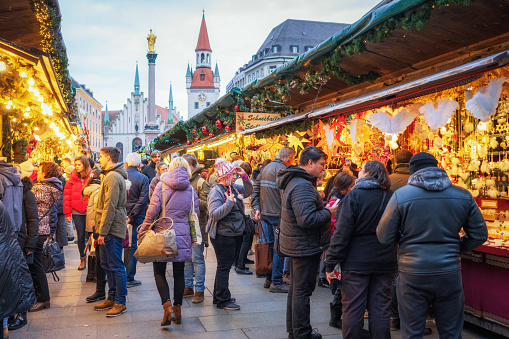 Nuremberg, Germany - Dec 09, 2019: Angel decoration at Christmas Market (Christkindlesmarkt) - Nuremberg, Bavaria, Germany