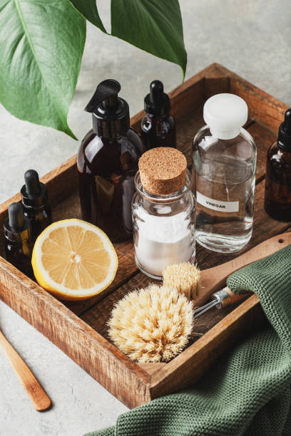 istock zero waste eco friendly cleaning concept. wooden brushes, baking soda, vinegar 1795005724