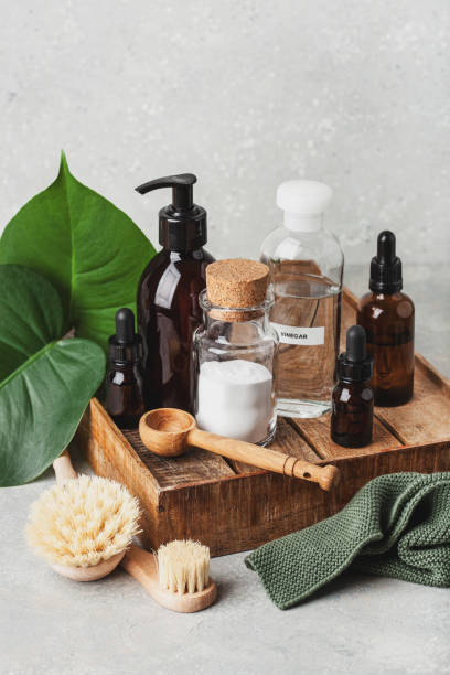istock zero waste eco friendly cleaning concept. wooden brushes, baking soda, vinegar 1795006312