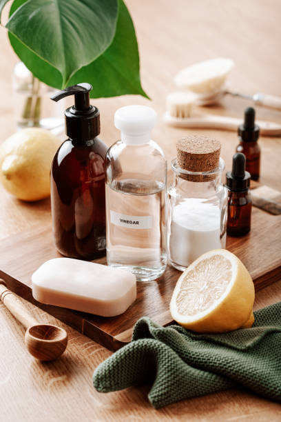 istock zero waste eco friendly cleaning concept. wooden brushes, baking soda, vinegar 1795006341